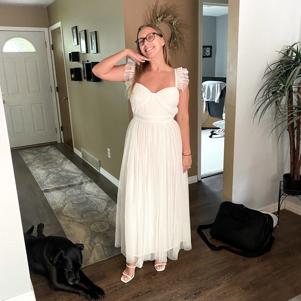 White tulle frill sleeve midaxi dress